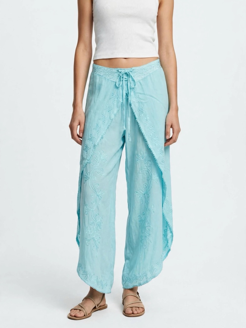 Aqua Embroidered Wrap Pants OSFM - Turquoise Boho Lace Up Beach - One Size NWOT